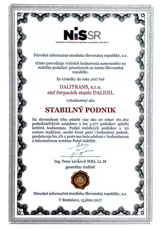 certifikát pečať stability spoločnosti